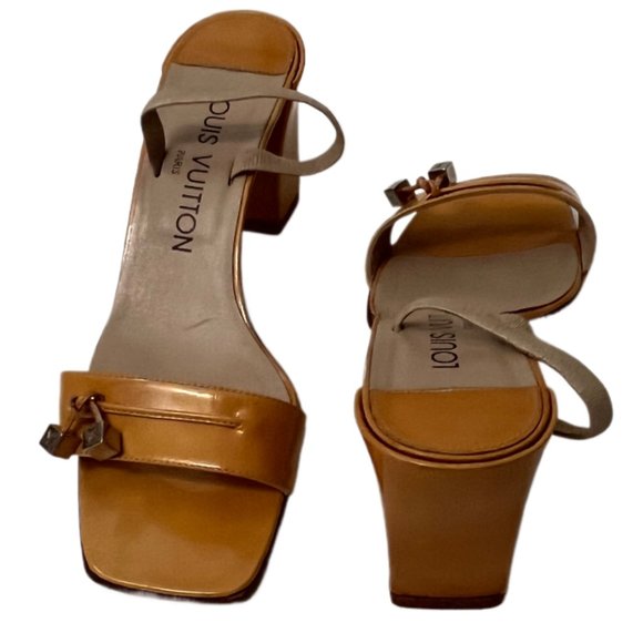 Louis Vuitton Gold Block Heel Sandals Metal LV Logo Charms Size 36.65 (US 6) - Picture 5 of 16
